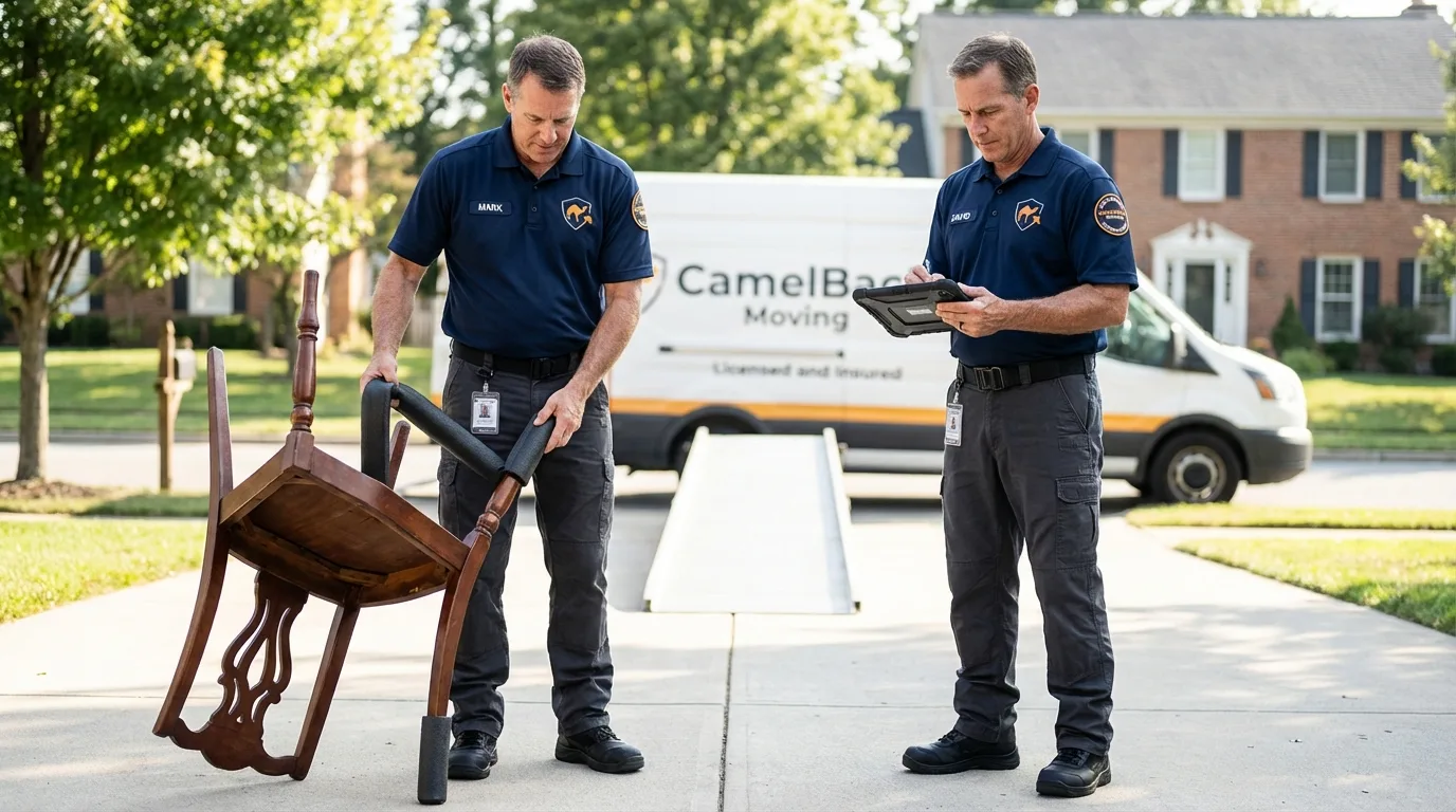 Movers inspecting furniture for damage prevention before loading in Chester Springs, PA