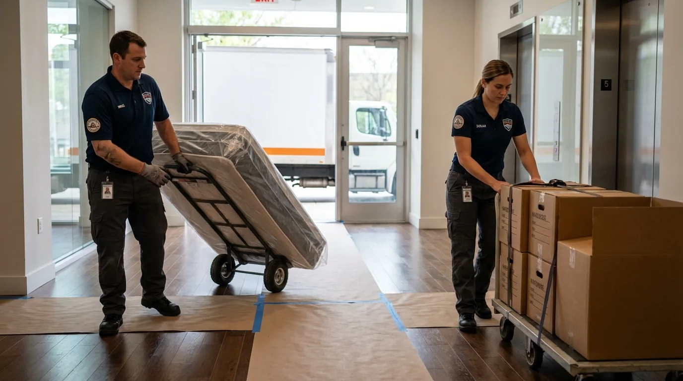 Professional apartment movers loading elevator in Chester Springs, PA