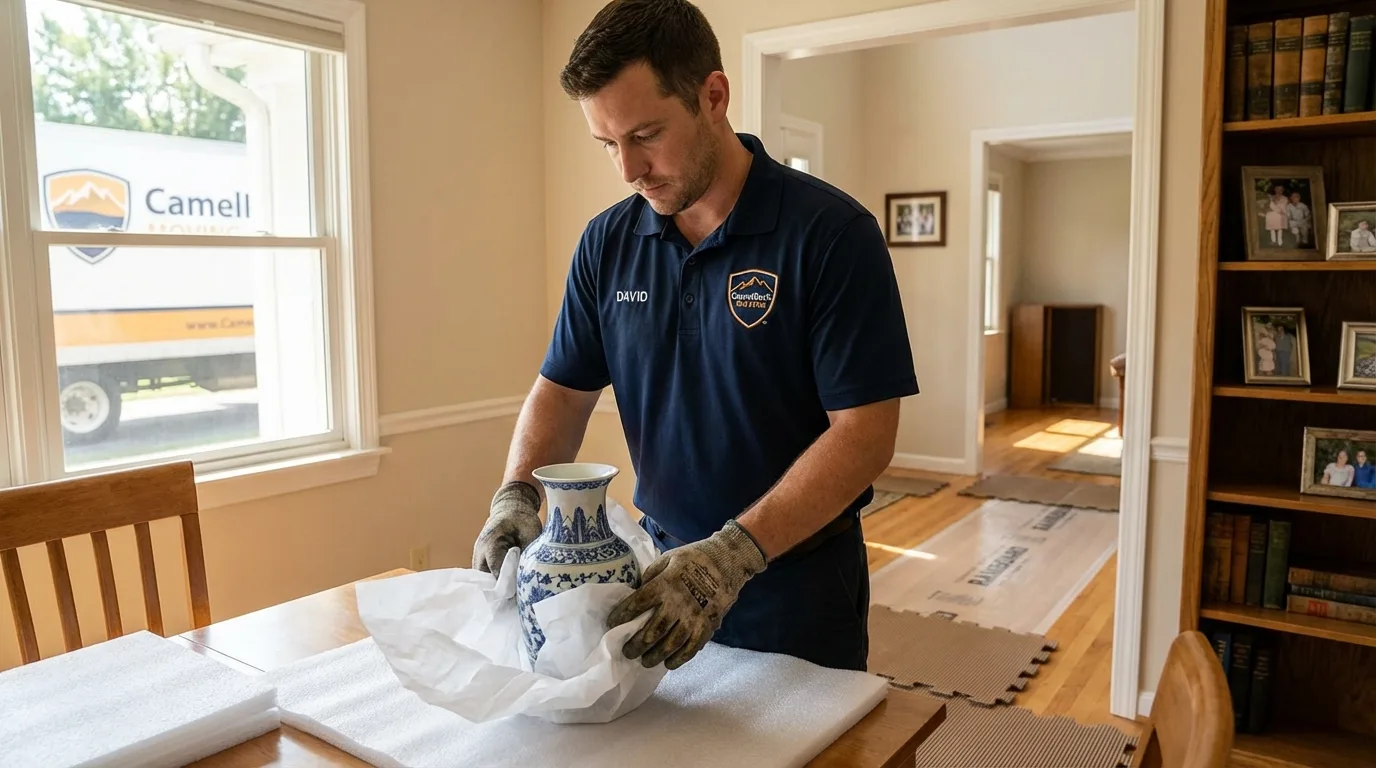 Professional crew carefully wrapping antique vase for senior downsizing move in Chester Springs, PA